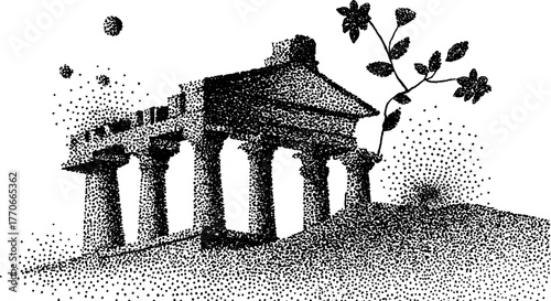 Black and white dotwork of an ancient temple façade with nature motif for vintage design