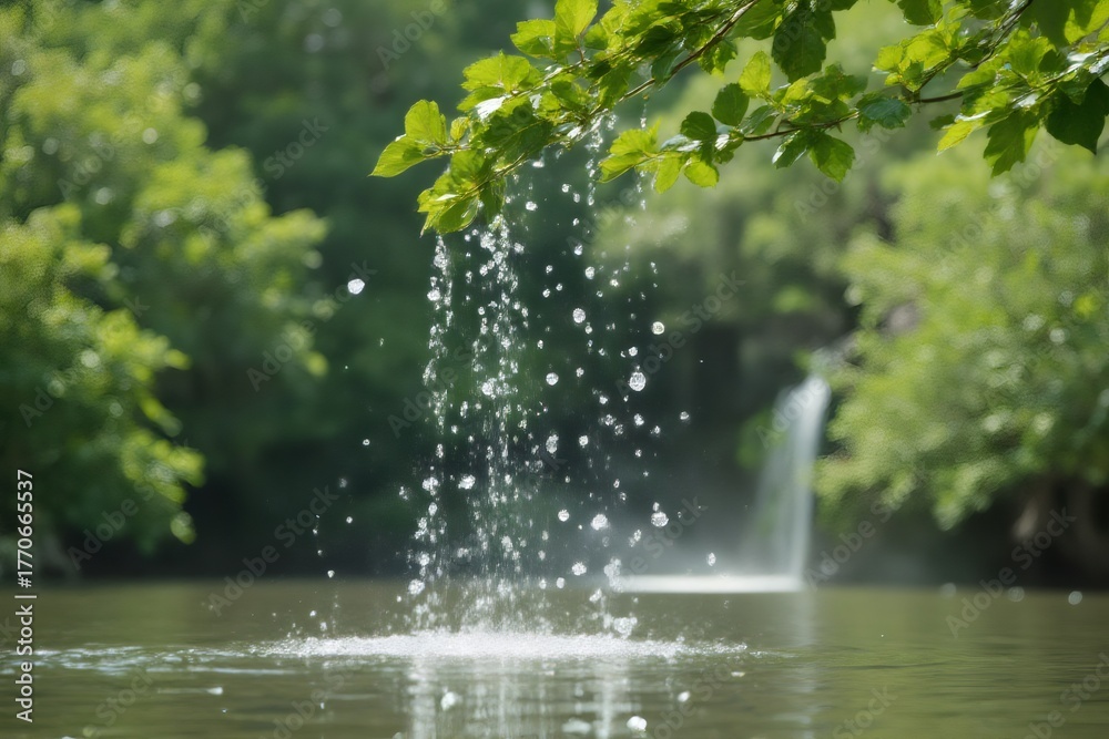 Fototapeta premium Water Droplets Falling from Tree Branch into Peaceful Lake in Nature