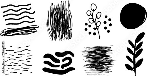 Minimalist abstract doodles in black and white for design elements and creative inspiration