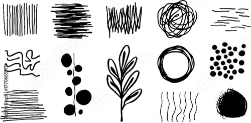 Minimalist abstract black and white doodles for creative design projects