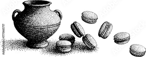 Ancient vase and floating macarons in black and white dotwork art