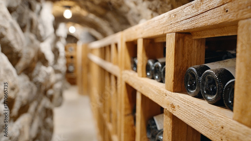 Wine cellar with bottles on wooden shelves.