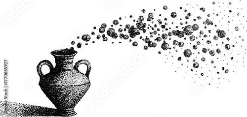 Vintage amphora with spilling abstract shapes in black and white halftone art