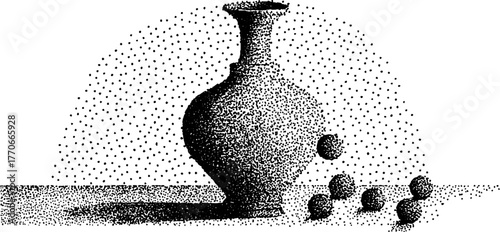 Ancient vase with floating spheres in black and white dotwork art for creative design