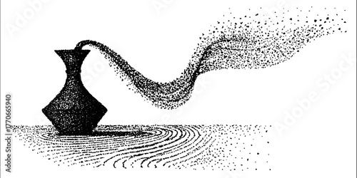 Black and white antique amphora illustration with spilling effect for vintage art design