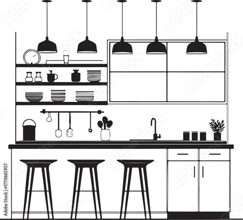 Black and white illustration of a modern kitchen counter with stools and cabinets Keywords: kitchen, counter, island, stools, bar stools, cabinets, sink, faucet, shelves, dishes, cups, utensils