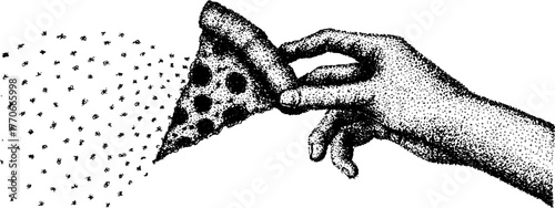 Vintage hand offering pizza slice with halftone effect for poster design