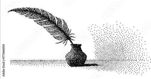 Vintage quill pen and inkwell in stipple art for classic design and print