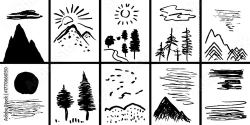 Minimalist abstract black and white mountain doodles set for design