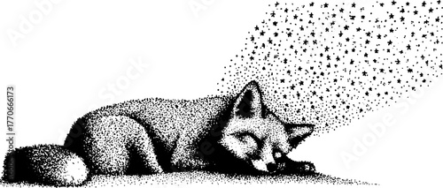 Peaceful arctic fox sleeping with starry night sky design for artwork and print