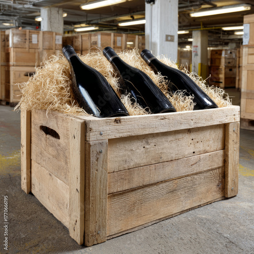 Wooden crate with wine bottles in a cellar setting.