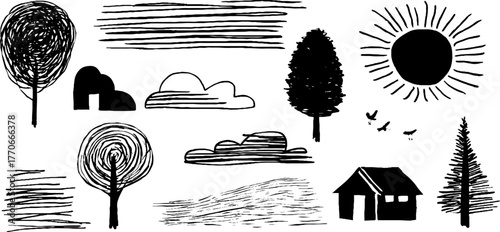 Minimalist abstract nature doodles with trees, sun, and clouds for creative design