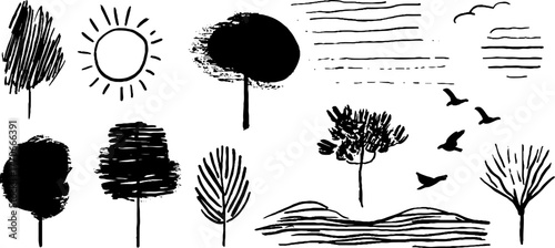 Minimalist abstract doodles of trees and nature elements for artistic design