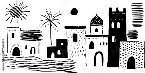 Minimalist abstract black and white doodles of old town architecture