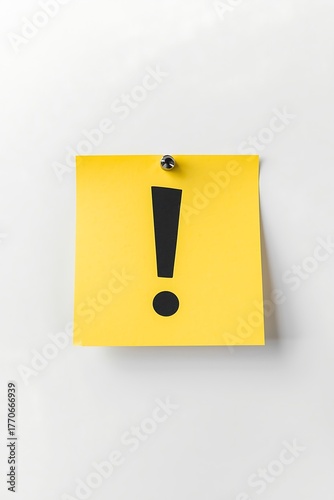 Yellow sticky note with an exclamation mark isolated on white background