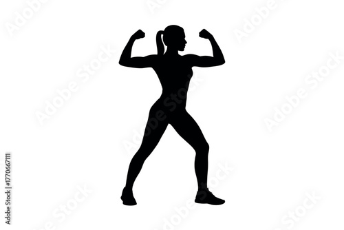 Silhouette of a woman flexing her biceps in a powerful pose.
