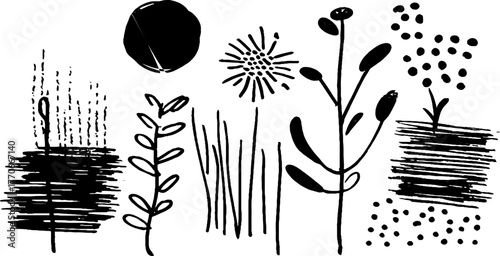 Minimalist abstract black and white doodles for ornamental design and decoration