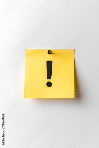 Yellow sticky note with an exclamation mark isolated on white background