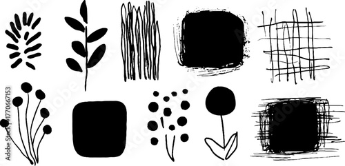 Minimalist abstract black and white doodles set for creative design and decoration