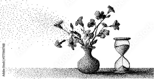 Vintage botanical hourglass scene with floral arrangement in black and white