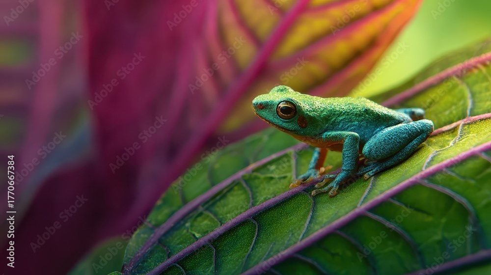 Fototapeta premium Emerald Green Frog Resting on Leaf with Vibrant Foliage Background