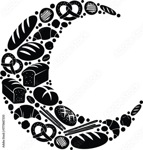 Crescent moon shape made with various types of breads and pastries in monochrome