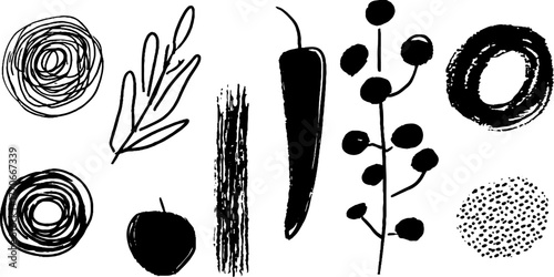 Minimalist abstract black and white doodle art featuring diverse pepper and organic shapes for creative design
