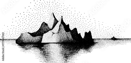 Tranquil iceberg floating in the ocean - black and white dotwork art for posters