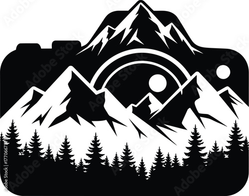Camera with mountains and forest logo for photographers and nature enthusiasts monochrome design