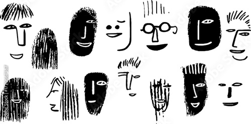 Minimalist abstract black and white doodle portrait set for creative design