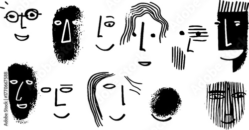Minimalist abstract black and white doodles of portraits for modern art design