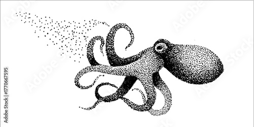 Artistic black and white octopus illustration with pointillism effect for creative design