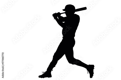 Silhouette of a baseball player swinging a bat in motion.