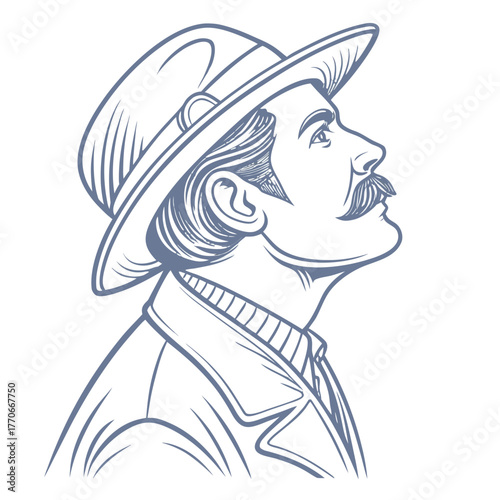 Vintage Mustache Man Illustration - Blue Tone Vector Portrait

