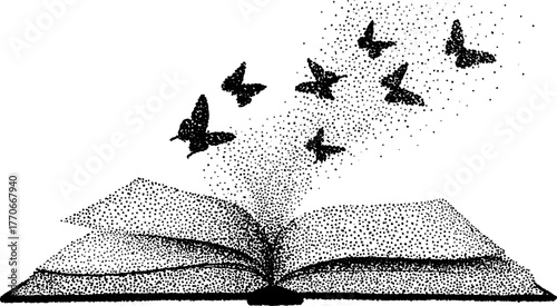Imaginative journey: open book with butterflies in halftone artwork for creative inspiration