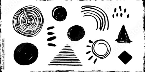 Minimalist abstract black and white doodles set with round spots for modern design