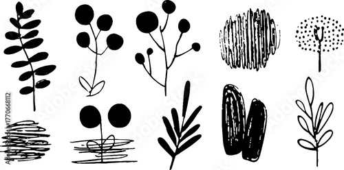 Minimalist abstract black and white doodles featuring seasonal plant motifs for artistic design