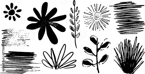 Minimalist abstract black and white doodles with seasonal floral themes for creative designs