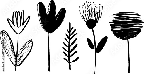 Minimalist black and white abstract doodles of spring flowers for design and decor
