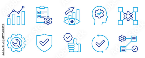 Business analytics icon collection set with data visualization,  key performance indicator, strategic planning, continuous improvement, quality control