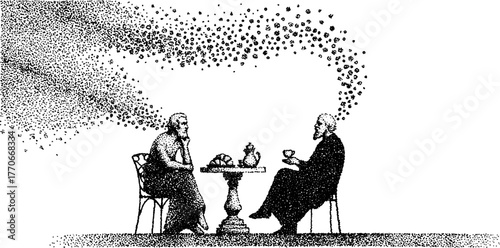 Philosophers in discussion with dotwork style for vintage design purposes