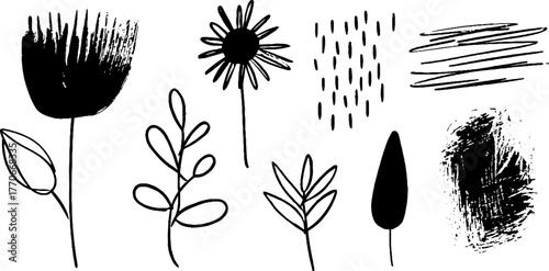 Minimalist abstract black and white spring doodles set for creative designs