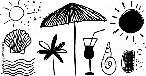 Minimalist abstract summer doodles in black and white for creative design