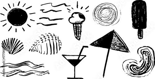 Minimalist abstract black and white summer doodles for artistic design