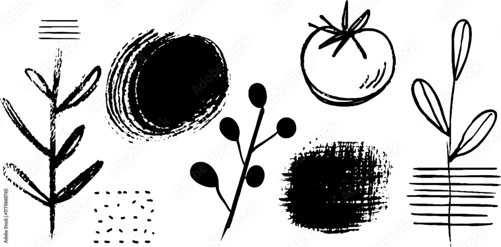 Naklejka premium Minimalist abstract tomato and plant doodles with brushstrokes
