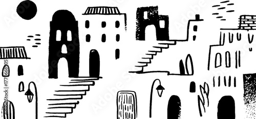 Minimalist urban landscape with black and white doodle buildings for artistic design