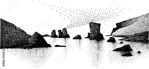 Aurora reflection in icy waters: black and white dotwork illustration for artistic design