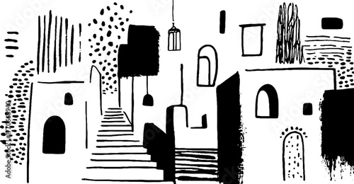 Minimalist black and white abstract urban doodle scene for modern design