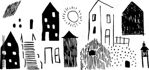 Minimalist black and white urban house doodles set for creative design