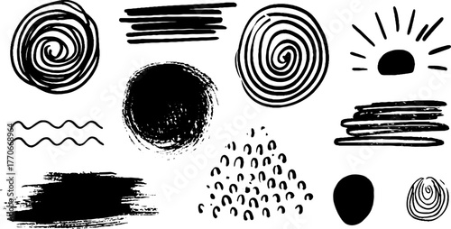 Minimalist abstract black and white doodles set for creative design projects